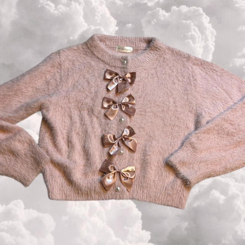 Japanese Brand Pink Fuzzy Ribbon Cropped Cardigan size Small